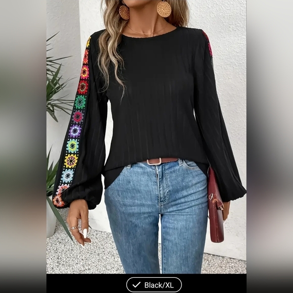 Tops - Black Granny Square Long Sleeve Women's Top Sz XXL
